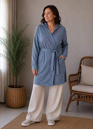 Мягкий синий меланжевый кардиган на запах с поясом l, xl