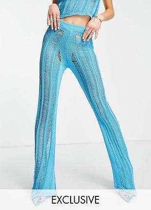Блакитні вʼязані штани брюки shein asos ego prettylittlething зі рваностями розмір s