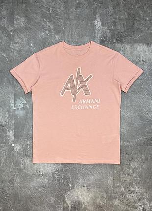 Жіноча футболка armani exchange армані ексчейндж рожева пудрова з логотипом стрази камінці розмір m брендова оригінал