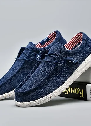 Летние мужские джинсовые мокасины топсайдеры текстиль на шнурках fashion blue