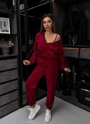 Стильный женский костюм (кофта+штаны) велюр плюш 42-44, 46-48 бургунди, 46-48