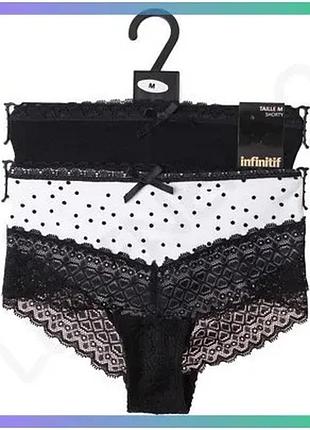 Трусы infinitif sho short f черные и белые для женщин m хлопковые с кружевом и бантиком 2 шт sku_13890284-1