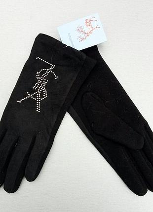Перчатки женские брендовые со стразами на тонком стриженном меху