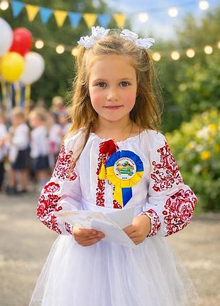 Платье вышиванка для девочек пышная белая красная 128