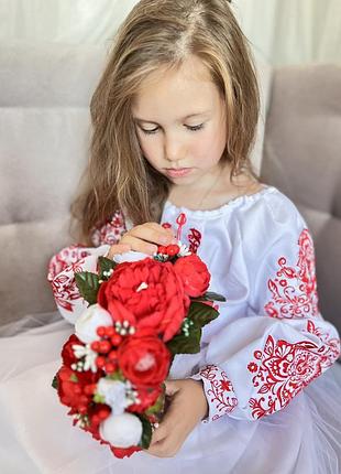 Платье вышиванка для девочек пышная белая красная 116