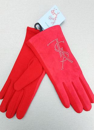 Перчатки женские брендовые со стразами на тонком стриженном меху