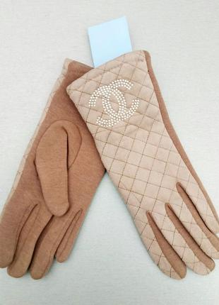 Перчатки женские брендовые со стразами на тонком стриженном меху