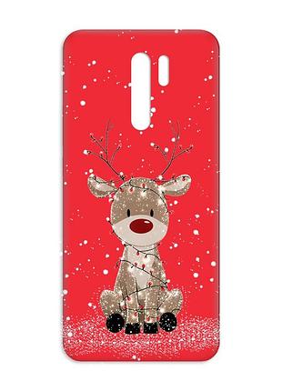 Матовый красный чехол на xiaomi redmi 9 олень новый год (принт 429)