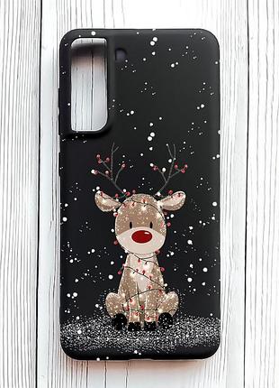 Матовый черный чехол на samsung galaxy s21 fe олень новый год (принт 429)
