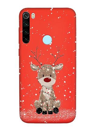 Матовый красный чехол на xiaomi redmi note 8t олень новый год (принт 429)