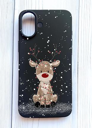 Матовий чорний чохол на iphone 16 plus олень новий рік (принт 429)