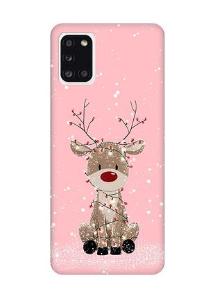 Матовый розовый чехол на samsung galaxy a31 олень новый год (принт 429)