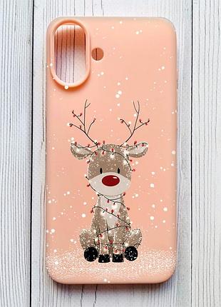 Матовый персиковый чехол на iphone 16 plus олень новый год (принт 429)