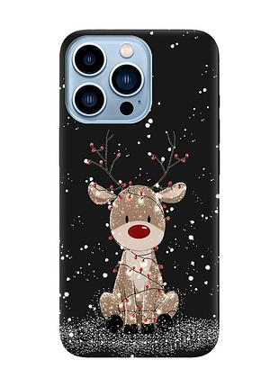 Матовый черный чехол на apple iphone 13 pro max олень новый год (принт 429)