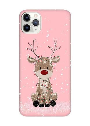 Матовый розовый чехол на iphone 11 pro (5.8) олень новый год (принт 429)