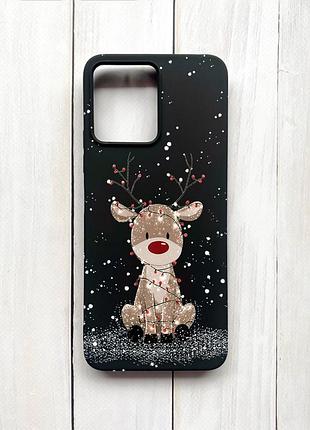 Матовый чехол на xiaomi redmi 12 черный олень новый год (принт 429)