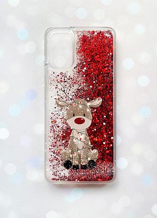 Чехол с плавающими красными блестками на samsung galaxy a02s олень новый год (принт 429)