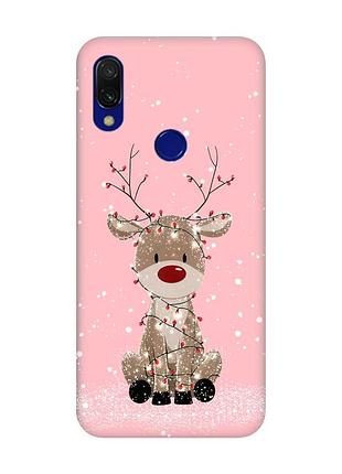 Матовый розовый чехол на xiaomi redmi 7 олень новый год (принт 429)