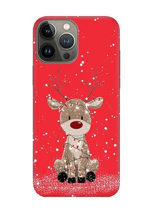 Матовый красный чехол на apple iphone 13 pro олень новый год (принт 429)