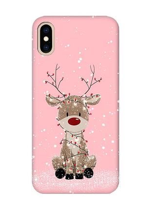 Матовый розовый чехол на iphone xs max олень новый год (принт 429)