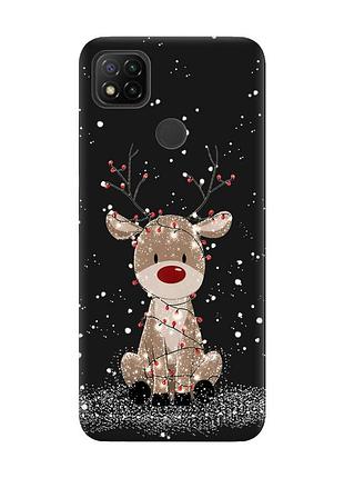Матовый черный чехол на xiaomi redmi 9c/10a олень новый год (принт 429)