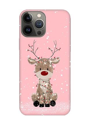 Матовый розовый чехол на apple iphone 13 pro олень новый год (принт 429)