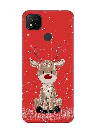 Матовый красный чехол на xiaomi redmi 9c/10a олень новый год (принт 429)
