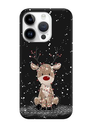 Матовый черный чехол на apple iphone 14 pro олень новый год (принт 429)