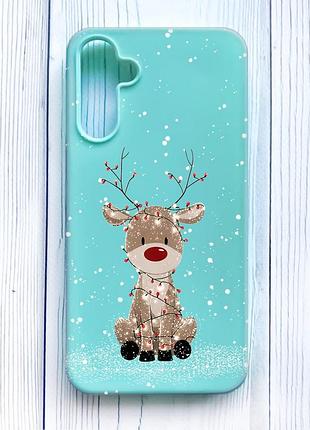 Матовый бирюзовый чехол на samsung galaxy a15 (a155) олень новый год (принт 429)