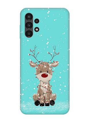 Матовый бирюзовый чехол на samsung galaxy a13 4g олень новый год (принт 429)