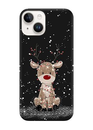Матовый черный чехол на apple iphone 14 олень новый год (принт 429)