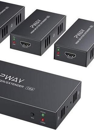 Сплиттер-удлинитель pway -hts0104(poc) hdmi 1x4 порт через кабель ethernet catte/cat6. без задержки, до 50 м/165 футов и