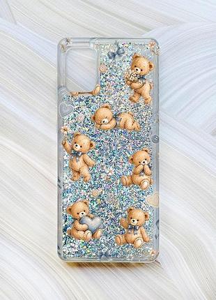 Чехол с плавающими серебряными блестками на samsung galaxy a31 плюшевые медвежата (принт 430)