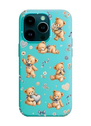 Матовый бирюзовый чехол на apple iphone 14 pro плюшевые медвежата (принт 430)