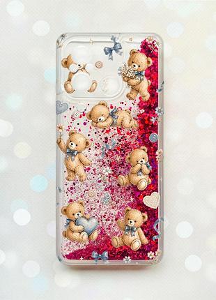 Чехол с плавающими розовыми блестками на xiaomi redmi 12c плюшевые медвежата (принт 430)