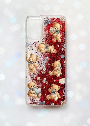Чехол с плавающими красными блестками на samsung galaxy a02s плюшевые медвежата (принт 430)
