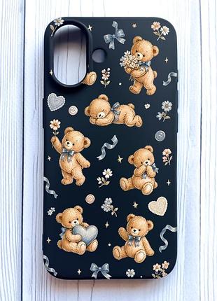 Матовый черный чехол на iphone 16 плюшевые медвежата (принт 430)