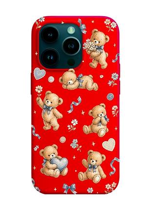Матовый красный чехол на apple iphone 14 pro плюшевые медвежата (принт 430)