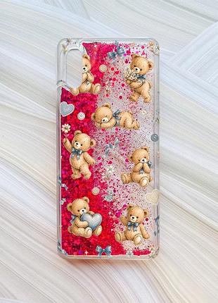 Чехол с плавающими розовыми блестками на xiaomi redmi 9a плюшевые медвежата (принт 430)