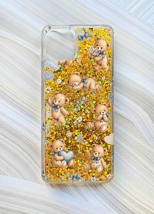 Чехол с плавающими золотыми блестками на samsung galaxy a22 4g/m22/m32 плюшевые медвежата (принт 430)