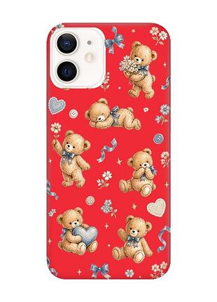 Матовый красный чехол на apple iphone 12 / 12 pro (6.1) плюшевые медвежата (принт 430)