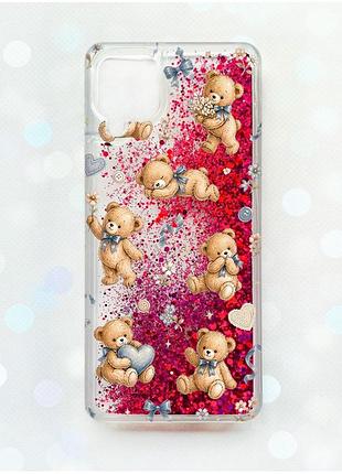 Чехол с плавающими розовыми блестками samsung galaxy a12 плюшевые медвежата (принт 430)