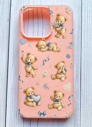 Матовий персиковий чохол на iphone 16 pro плюшеві ведмежата (принт 430)