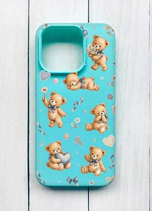 Матовый чехол на iphone 15 pro бирюзовый плюшевые медвежата (принт 430)