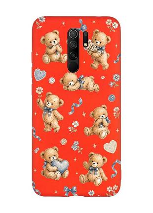 Матовый красный чехол на xiaomi redmi note 8 pro плюшевые медвежата (принт 430)