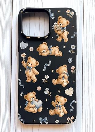 Матовый черный чехол на iphone 16 pro max плюшевые медвежата (принт 430)