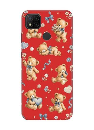 Матовый красный чехол на xiaomi redmi 9c/10a плюшевые медвежата (принт 430)