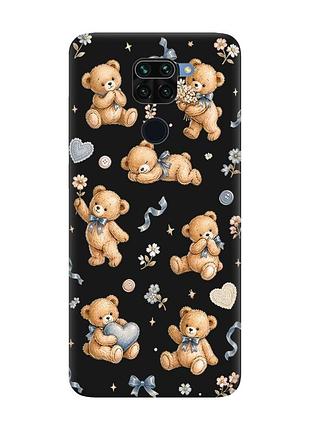 Матовый черный чехол на xiaomi redmi note 9 плюшевые медвежата (принт 430)