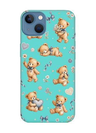 Матовый бирюзовый чехол на apple iphone 13 плюшевые медвежата (принт 430)