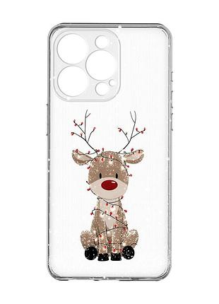 Прозрачный чехол с защитой камеры на iphone 15 pro max олень новый год (принт 429)
